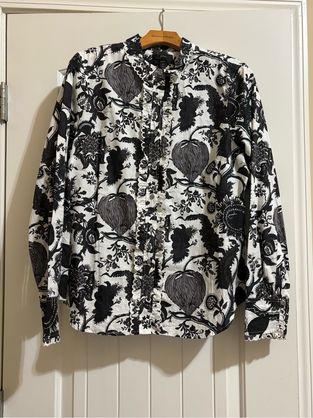 J. Crew Black and White Floral-Print Ruffle Front Shirt